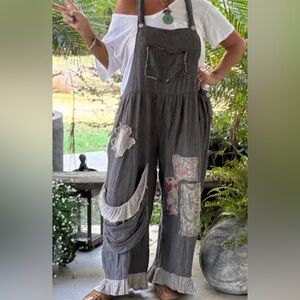 JaDeD GyPsY Prairie Views OVERALLS Gray Patchwork Overalls with Ruffle Trim